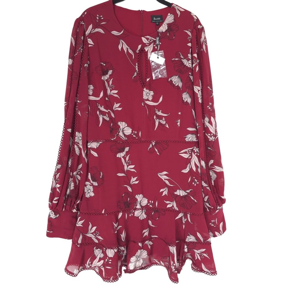 BARDOT‎ Women's New Knee Length Dress 12 XL Floral Red Ruffle Long Sleeve